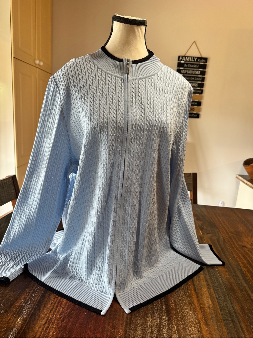 Misook Light Blue Cable Knit Zip-Up Sweater with Black Trim